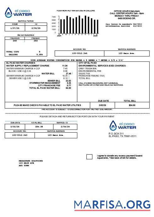 Realistic USA Texas El Paso Water business utility bill template in Word and PDF formats